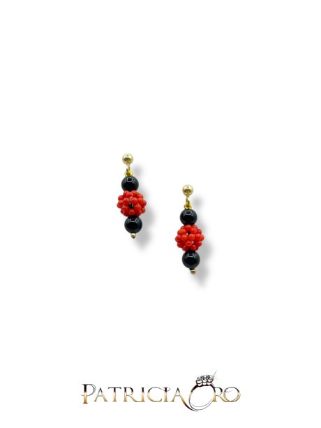 Orecchini Pendenti Corallo e Onice in Argento 925