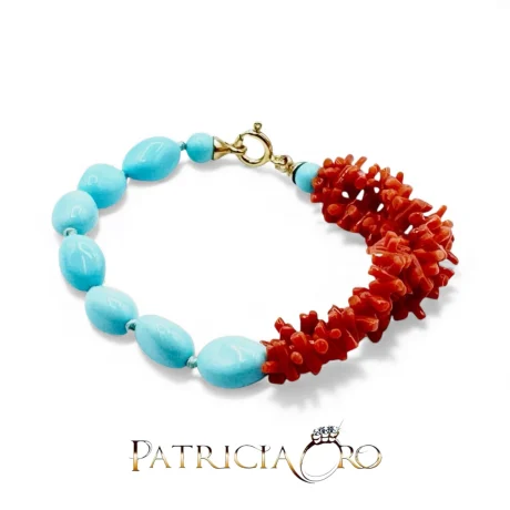 Bracciale 3 Fili Corallo Sciacca e Pasta di Turchese Argento 925