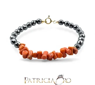 Splendido bracciale Patricia Oro Creations con Corallo Sciacca e Ematite naturale, un gioiello made in italy di alta qualità.
