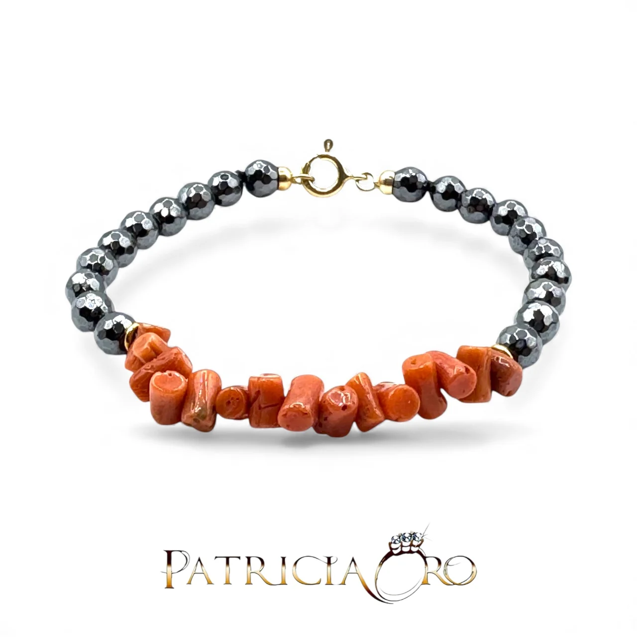 Splendido bracciale Patricia Oro Creations con Corallo Sciacca e Ematite naturale, un gioiello made in italy di alta qualità.