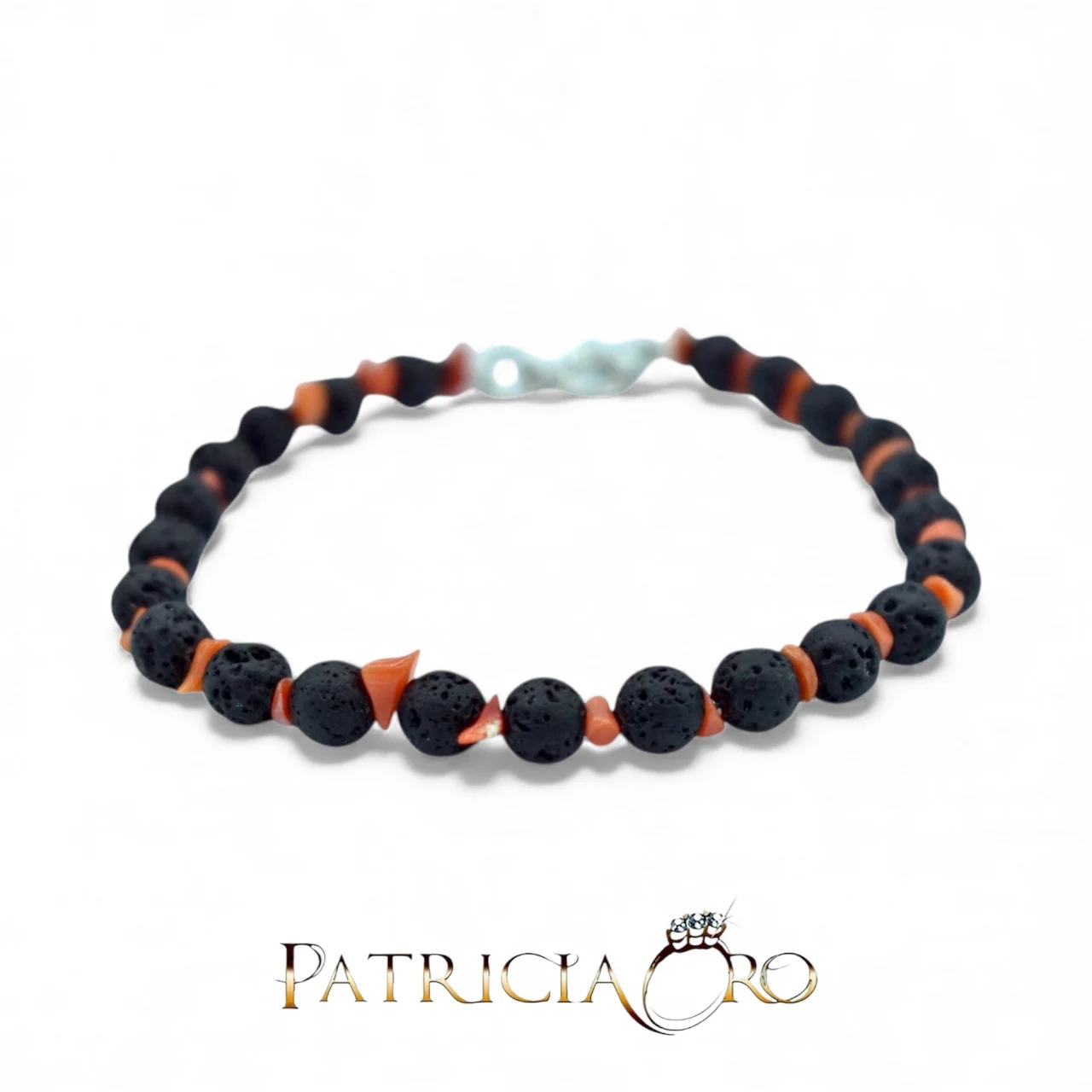 Bracciale da uomo Patricia Oro Creations con corallo Sciacca e pietra lavica, un gioiello made in italy di alta qualità.