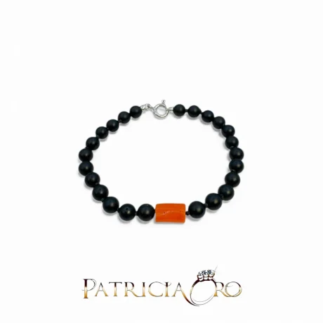Bracciale uomo in Corallo Sciacca e Onice con chiusura argento 925