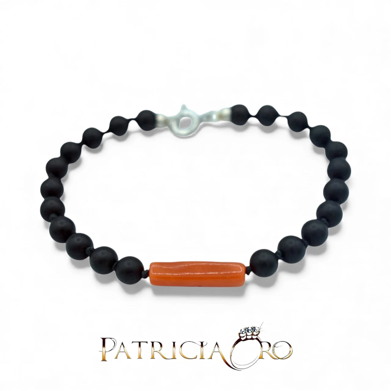 Bracciale da uomo Patricia Oro Creations con Corallo Sciacca e onice, un gioiello made in italy di alta manifattura.