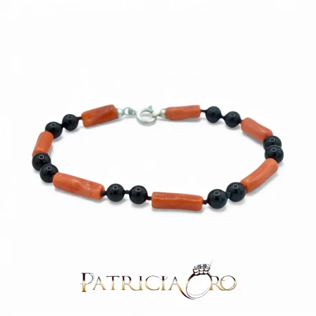 Bracciale Uomo in Corallo Sciacca e Onice con Chiusura Argento 925