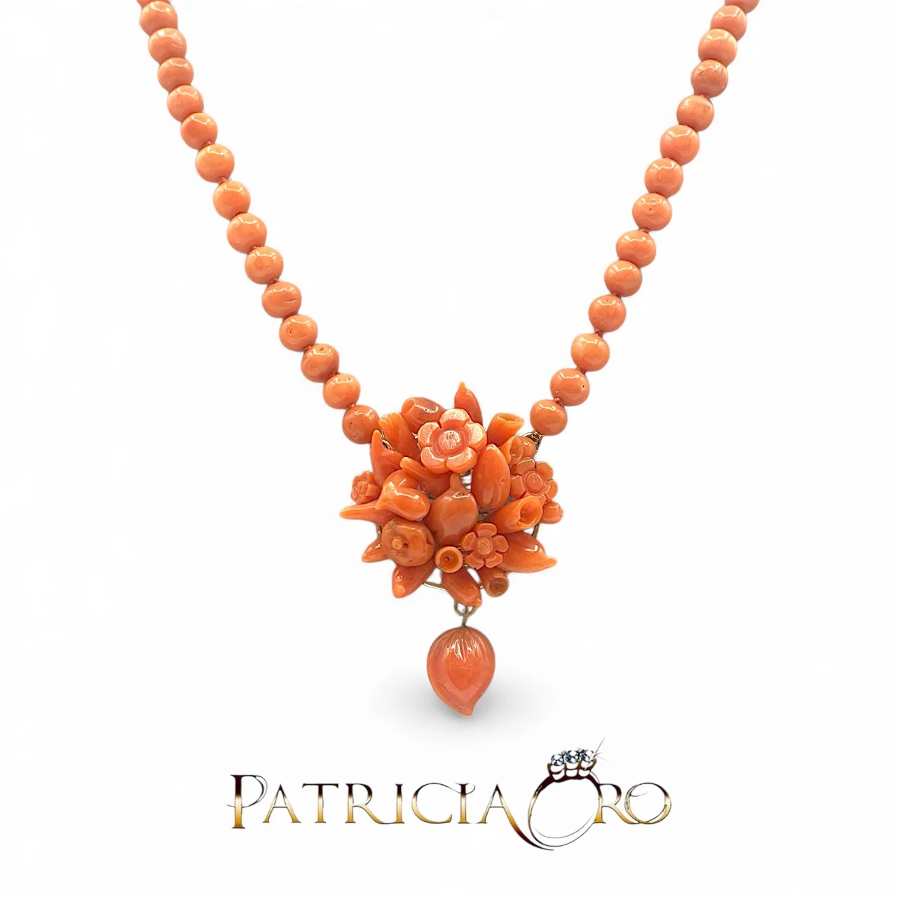 Splendida collana con corallo Sciacca fratta e fiori, un capolavoro di gioielleria made in italy. (Vista 2)