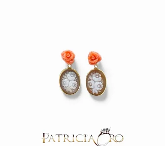 Splendidi orecchini Cammeo con Corallo Sciacca di Patricia Oro Creations, un esempio di gioielli made in italy e alta gioielleria.