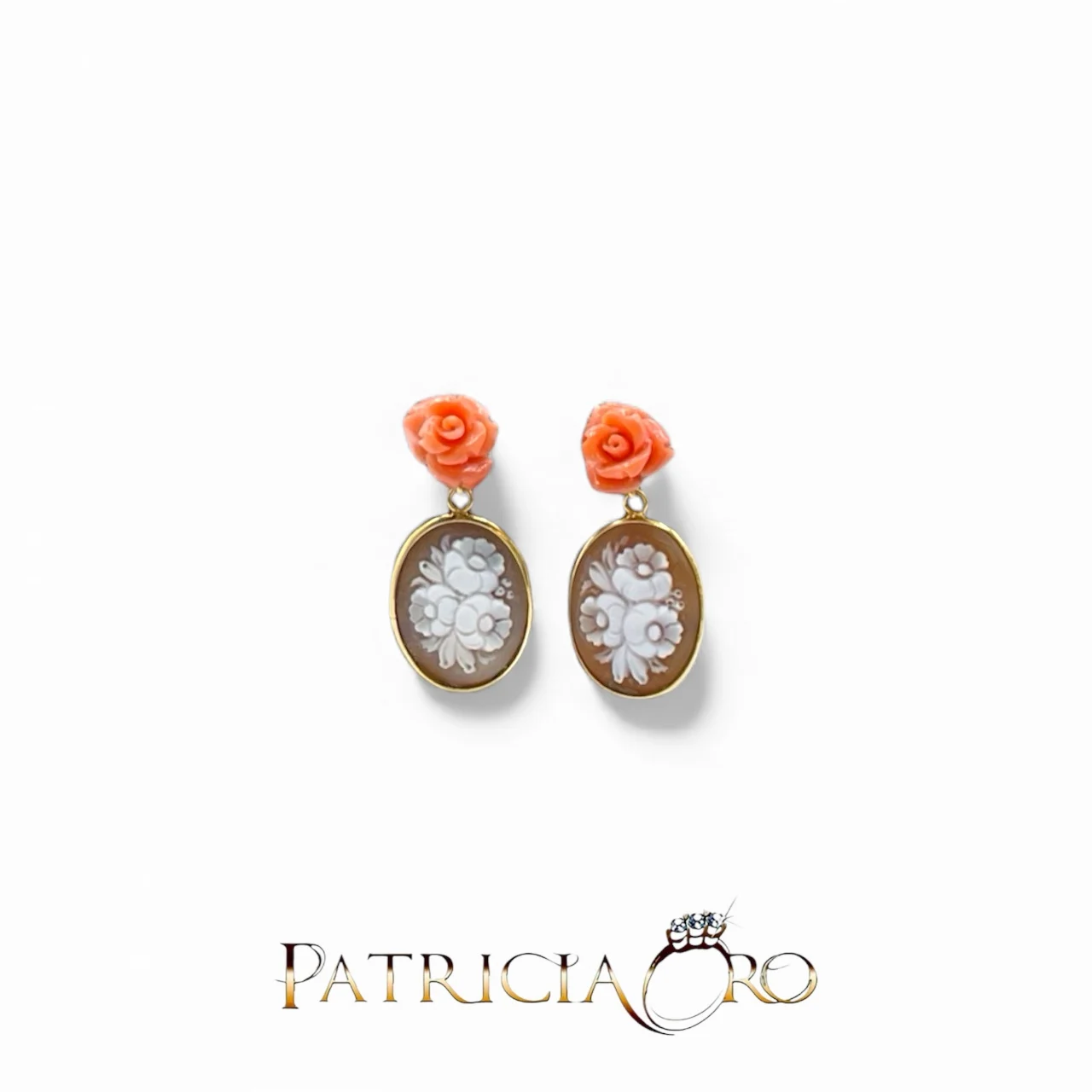 Splendidi orecchini Cammeo con Corallo Sciacca di Patricia Oro Creations, un esempio di gioielli made in italy e alta gioielleria.