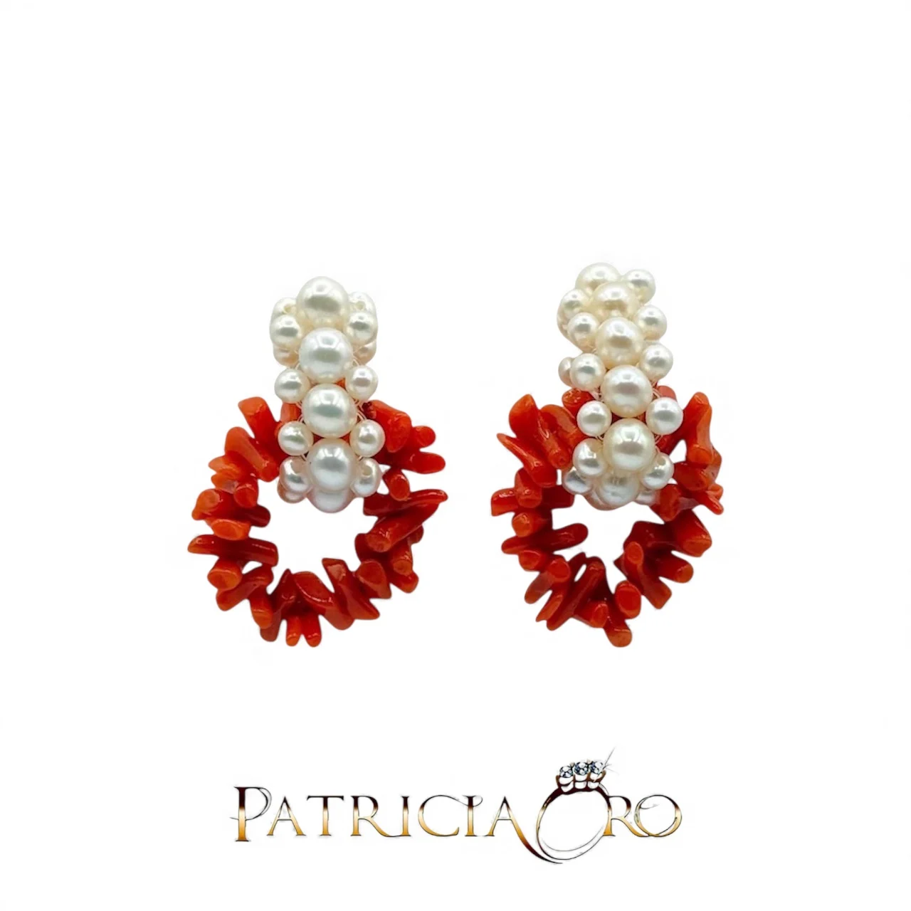 Splendidi orecchini Corallo Sciacca con perle, gioielli made in italy di Patricia Oro Creations, un'eccellenza dell'alta gioielleria.