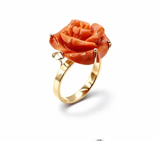 Anello con rosa in Corallo Sciacca, gioielli made in italy di Patricia Oro Creations: un capolavoro di alta gioielleria.