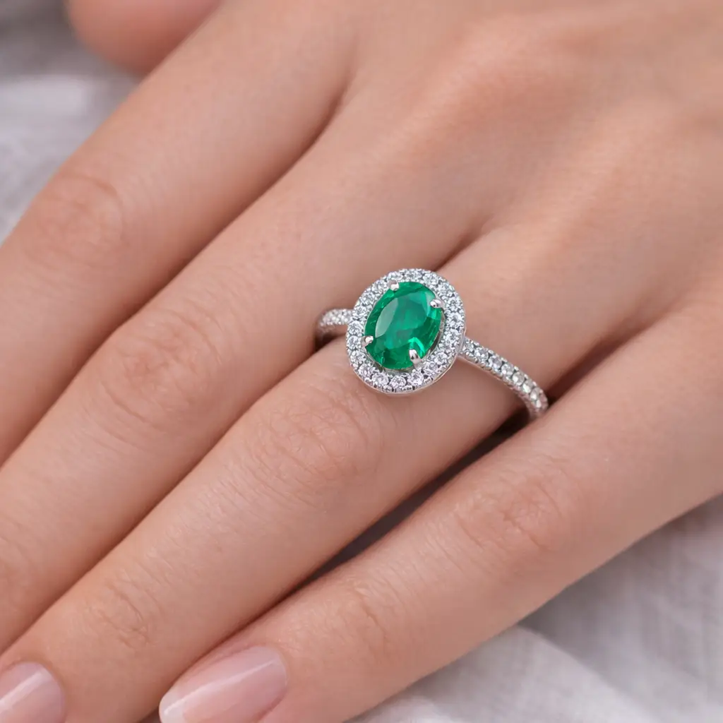 Splendido anello in oro con smeraldo e diamanti, un gioiello smeraldo di alta gioielleria. (Vista 2)