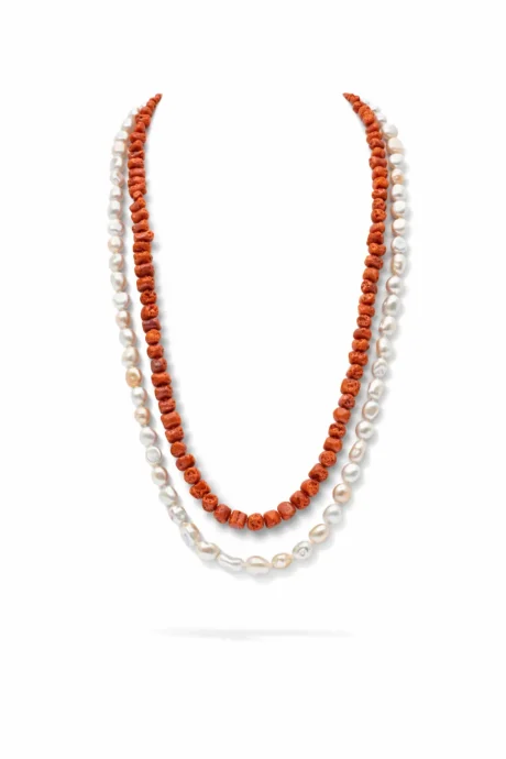 Collana di Corallo Sciacca a due fili con Perle Barocche