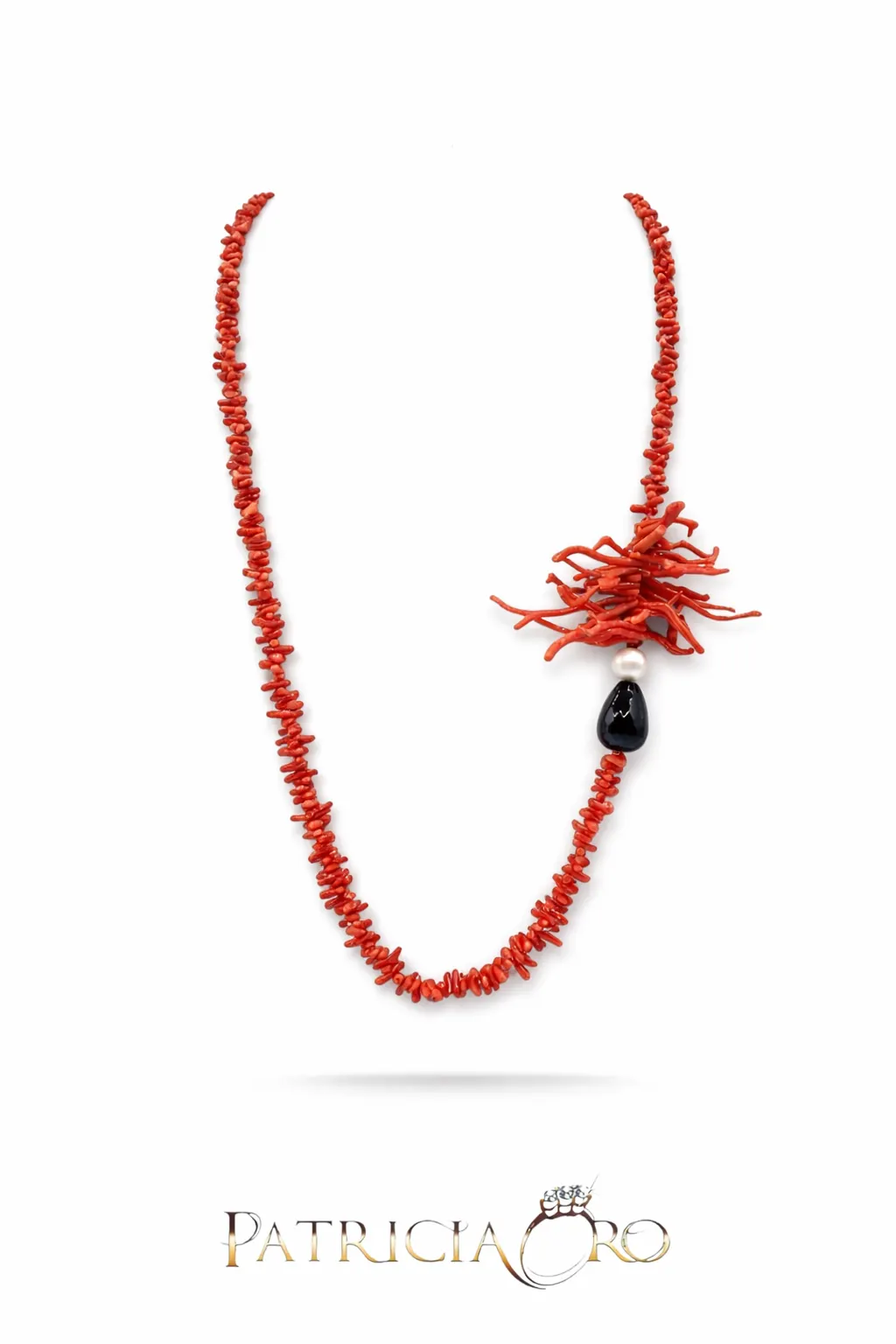 Splendida collana con corallo, perle e onice, un capolavoro di gioielli made in italy, perfetto per un'occasione speciale.