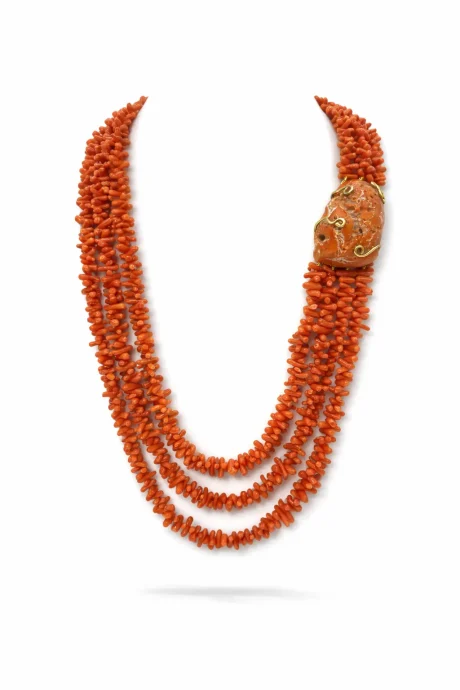 Collana 3 Fili in Corallo Sciacca con Sassi e Argento 925