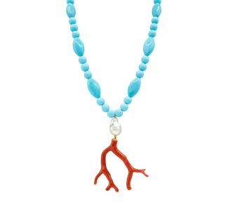 Splendida collana in Corallo Sciacca con Turchese, un capolavoro di Patricia Oro Creations, espressione di gioielli made in italy e alta gioielleria.