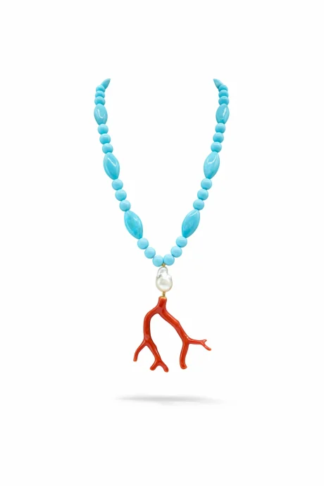 Collana in Corallo Sciacca con Turchese e Perla Barocca