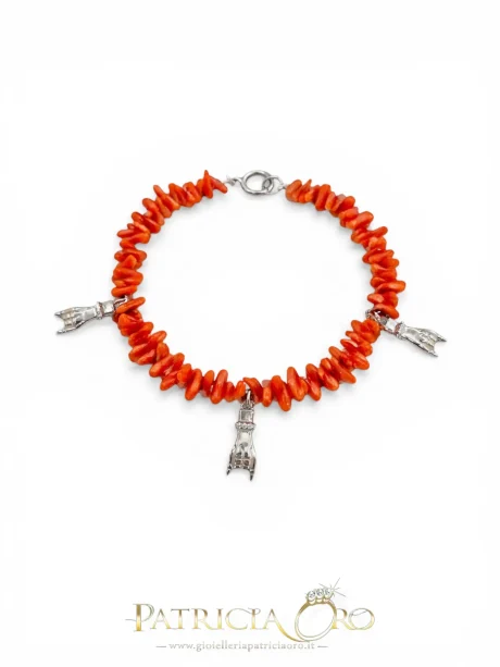 Bracciale con Corallo e Mani con Corna Argento 925