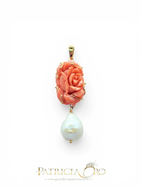 Ciondolo Rosa Corallo Sciacca in Oro 750% con Perla Barocca