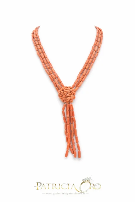 Collana Donna Corallo Sciacca 3 Fili con Medaglione Argento 925