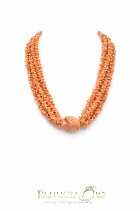 Collana 4 fili in Corallo Sciacca con Sasso Centrale Argento 925