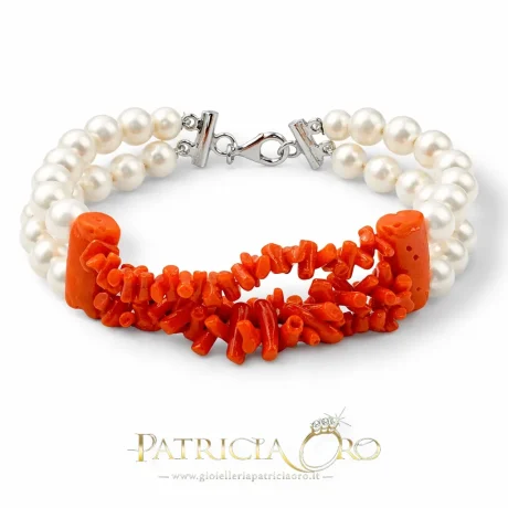 Bracciale 2 Fili Corallo Sciacca e Perle FW Argento 925