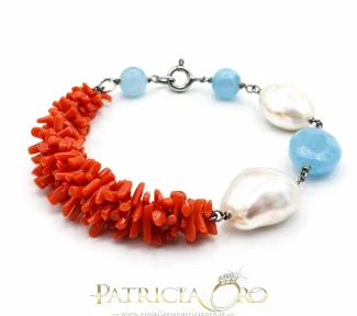 Bracciale con Corallo Sciacca, Perle e agata celeste