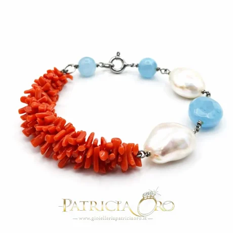 Bracciale Corallo Sciacca Perle e Agata Celeste 2 Fili