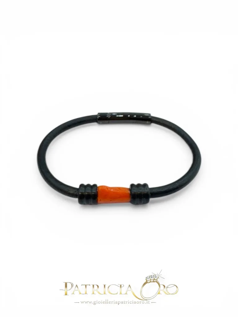 Men's Bracelet in Rubber with Natural Mediterranean Coral