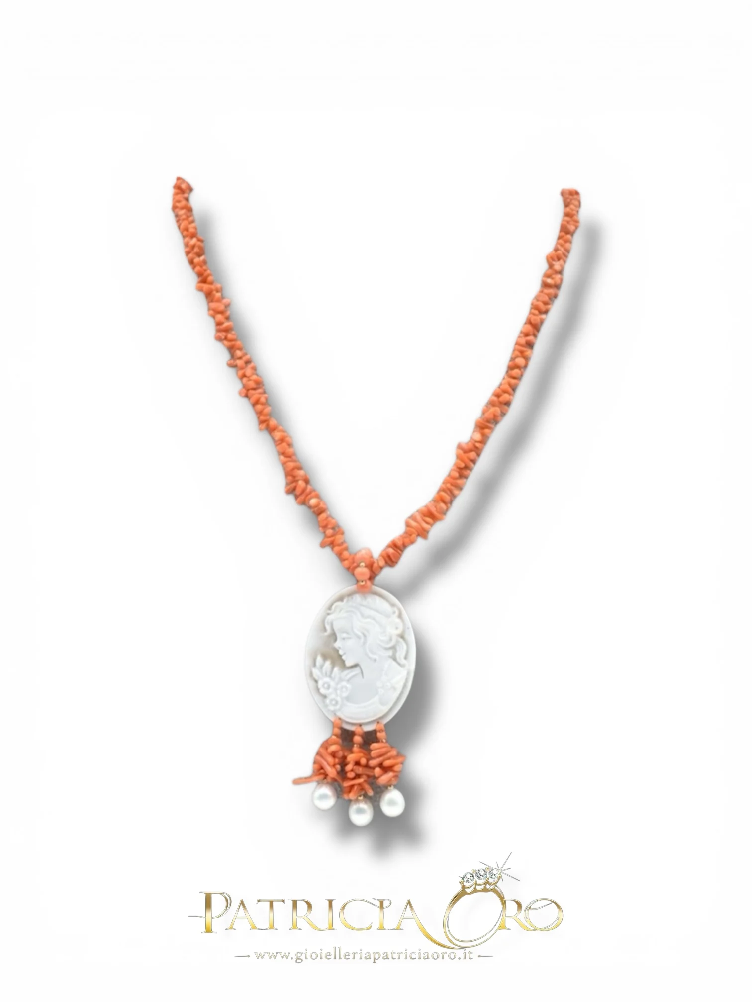 Splendida Collana Corallo Sciacca con Cammeo, un gioiello made in italy di Patricia Oro Creations, perfetto per un'idea regalo preziosa.