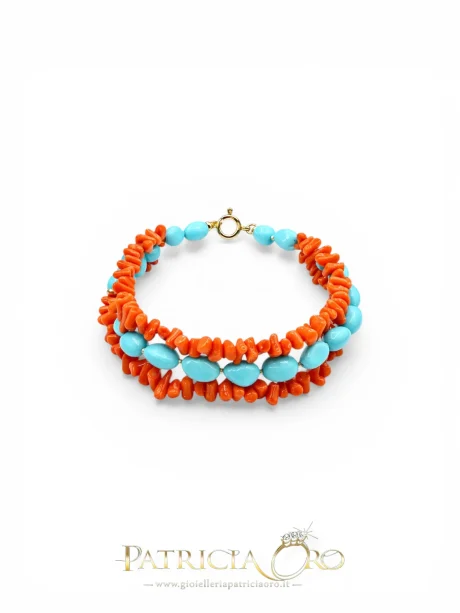 Bracciale Corallo Sciacca e Turchese 3 Fili con Chiusura Argento 925