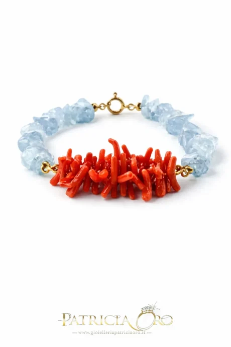 Bracciale Corallo Sciacca e Acqua Marina con Chiusura Argento 925