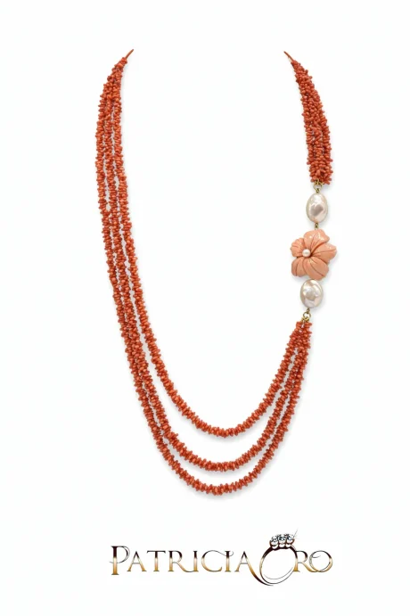 Collana 3 Fili Corallo Sciacca con Perle e Scultura Floreale