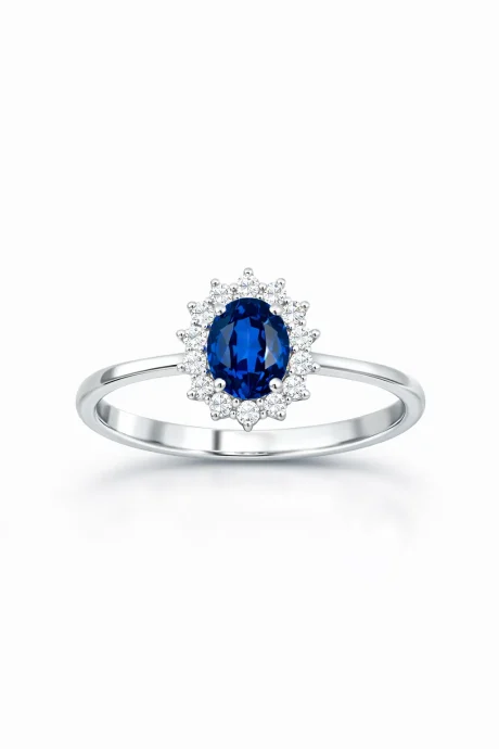 Anello donna con Zaffiro e Diamanti in Oro Bianco 18kt
