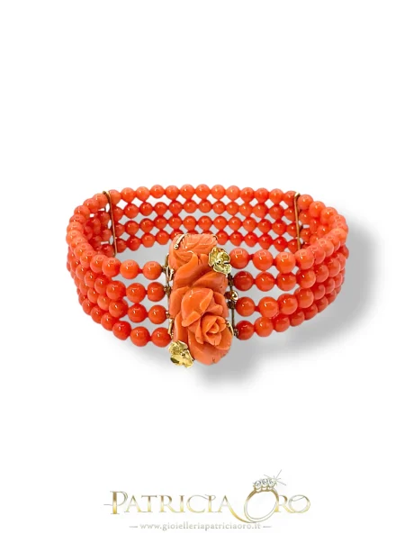 Bracciale Corallo Rosa Incisa 4 Fili Oro 750