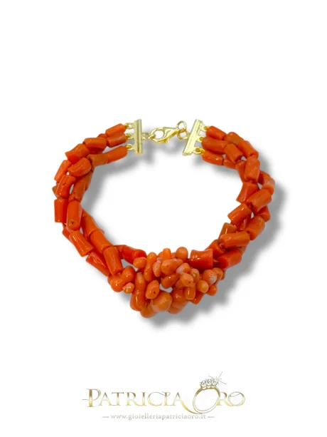 Bracciale Donna 3 Fili in Corallo Sciacca con Chiusura Argento 925