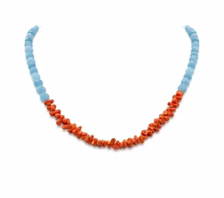 Splendida Collana in Corallo Sciacca e Agata Celeste, un gioiello made in italy di Patricia Oro Creations, perfetto per un'idea regalo preziosa.