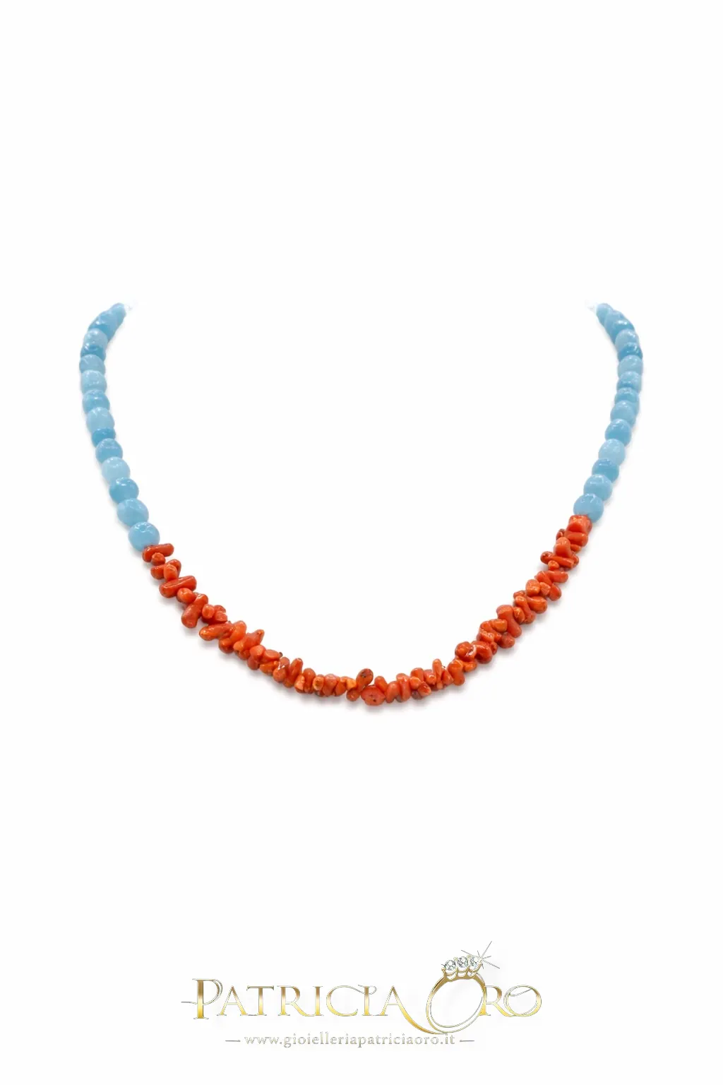 Splendida Collana in Corallo Sciacca e Agata Celeste, un gioiello made in italy di Patricia Oro Creations, perfetto per un'idea regalo preziosa.