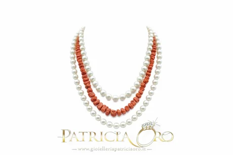 Collana Corallo Sciacca e Perle Naturali Tre Fili