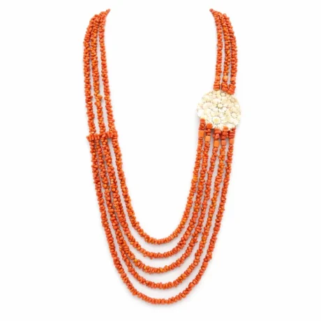 Collana Donna Corallo Sciacca 5 Fili con Cammeo Floreale