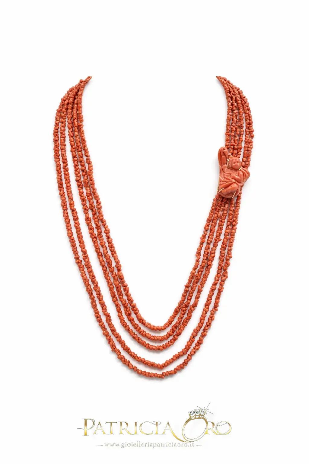 Collana da donna con Corallo Sciacca: una scultura di Patricia Oro Creations, un esempio di gioielli made in italy e alta gioielleria.