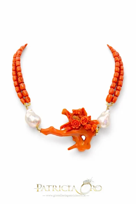 Collana Girocollo Corallo Sciacca e Perle Barocche Patricia Oro