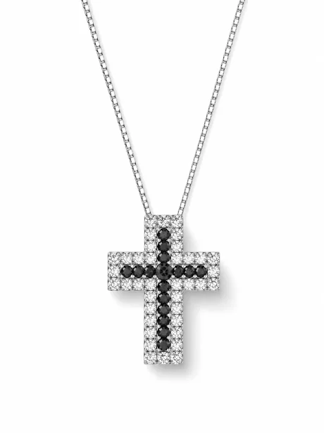 Collana Croce con Diamanti Neri e Bianchi in Oro 18kt Davite&Delucchi