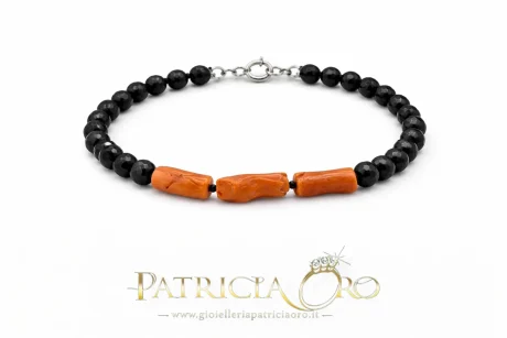 Bracciale Uomo Corallo Sciacca e Onice Sfaccettata 8mm