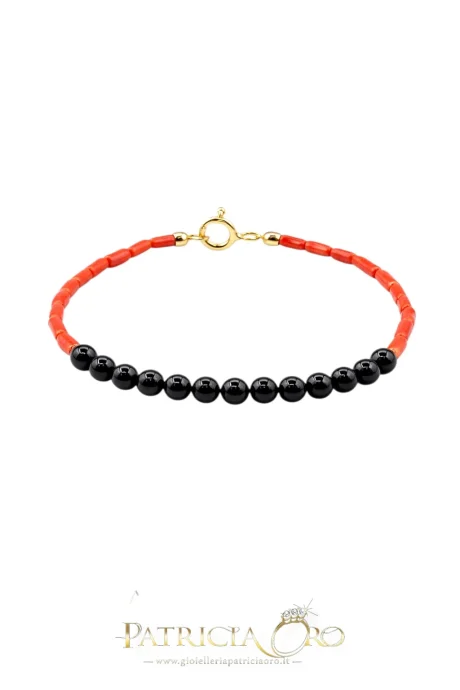 Bracciale Uomo in Corallo Sciacca e Onice con Chiusura Argento 925 Dorato 21 cm