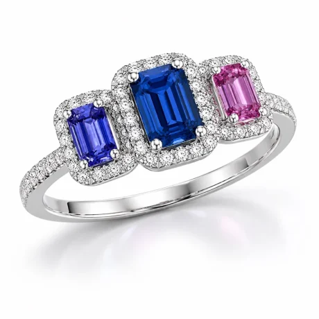 Anello Trilogy con Zaffiro e Diamanti in Oro Bianco 18kt