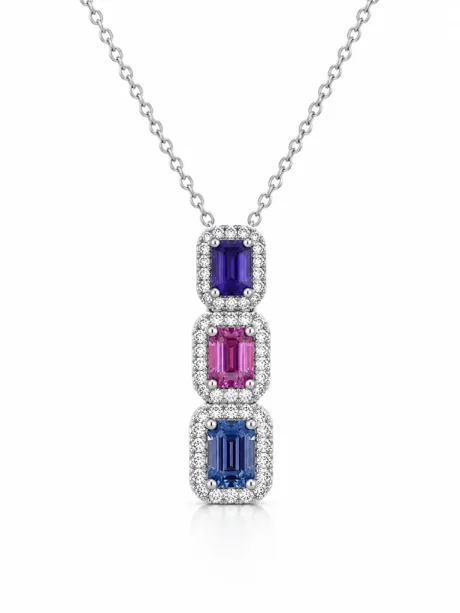 Collana Trilogy con Zaffiro e Diamanti in Oro Bianco 18kt