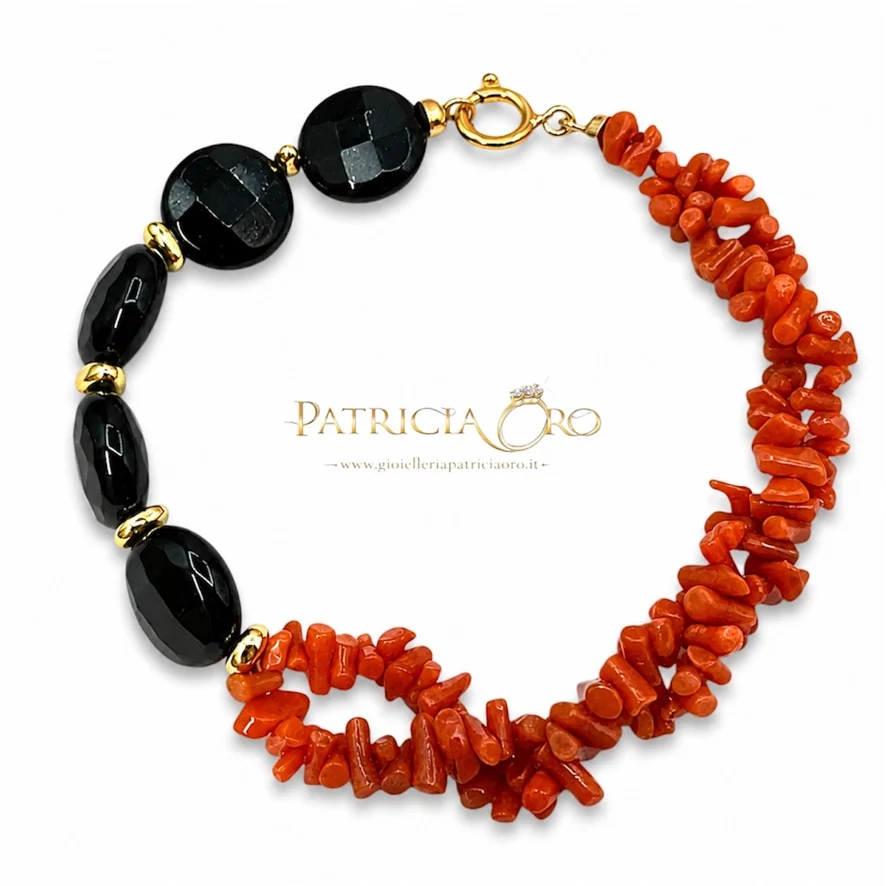 Bracciale donna con corallo e onice Bracciale Corallo Sciacca e Onice con chiusura argento 925