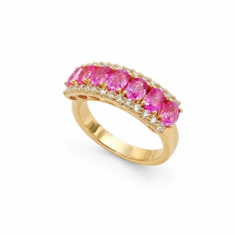 Anello Veretta con Zaffiro rosa e Diamanti in Oro 18k