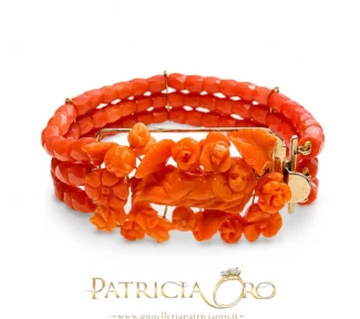 Bracciale donna corallo 3 fili barilotti sfaccettati oro 14kt