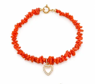 Bracciale Corallo Sciacca Cuore con cuore in argento dorato e zirconi