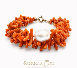 Bracciale corallo perla di Sciacca due fili con perla barocca centrale